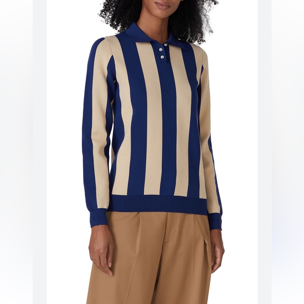 Striped Long-Sleeve Polo Sweater in Navy and Beige